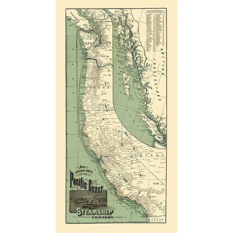 Pacific Coast Steamship Company Routes 1896 Black Modern Wood Framed Art Print by Rand McNally