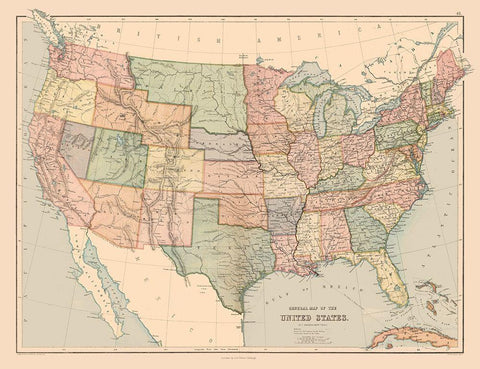 General Map of US - Black 1867 White Modern Wood Framed Art Print with Double Matting by Black