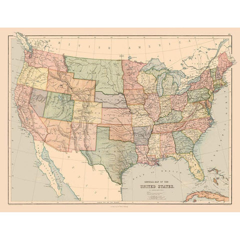 General Map of US - Black 1867 White Modern Wood Framed Art Print by Black