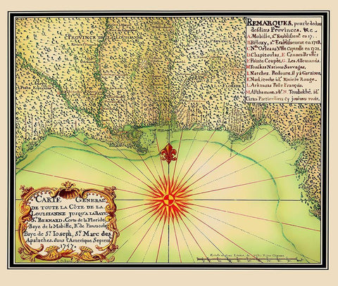 Gulf of Mexico Coast United States - de Batz 1747 Black Ornate Wood Framed Art Print with Double Matting by de Batz