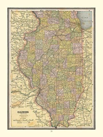 Illinois - Cram 1888 White Modern Wood Framed Art Print with Double Matting by Cram