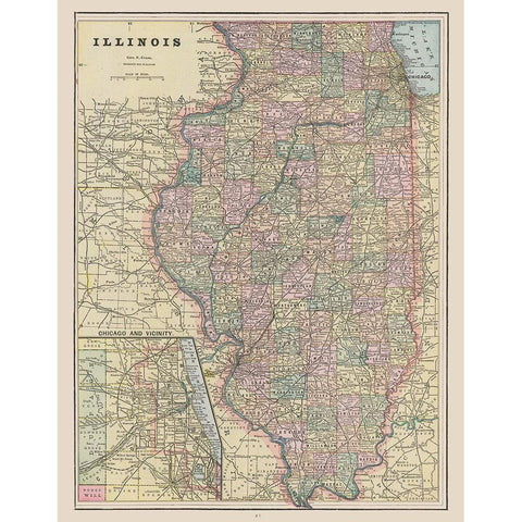 Illinois - Cram 1892 Black Modern Wood Framed Art Print with Double Matting by Cram