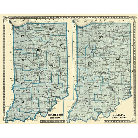 Indiana Political Map - Baskin 1876 Black Modern Wood Framed Art Print with Double Matting by Baskin