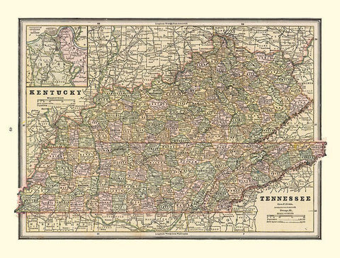 Kentucky, Tennessee - Cram 1888 Black Ornate Wood Framed Art Print with Double Matting by Cram