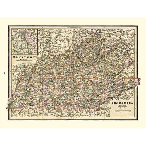 Kentucky, Tennessee - Cram 1888 White Modern Wood Framed Art Print by Cram