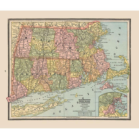 Massachusetts, Rhode Island - Cram 1888 White Modern Wood Framed Art Print by Cram