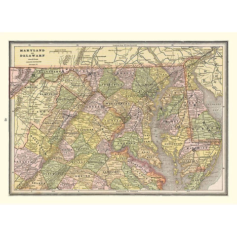 Maryland, Delaware - Cram 1888 Black Modern Wood Framed Art Print with Double Matting by Cram