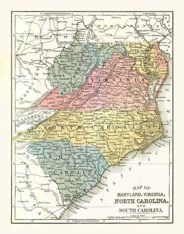 Maryland, Virginia, North Carolina - Mitchell 1869 White Modern Wood Framed Art Print with Double Matting by Mitchell