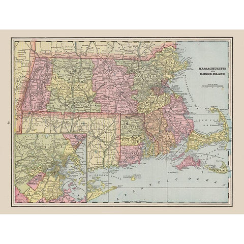 Massachusetts - Rhode Island - Cram 1892 White Modern Wood Framed Art Print by Cram