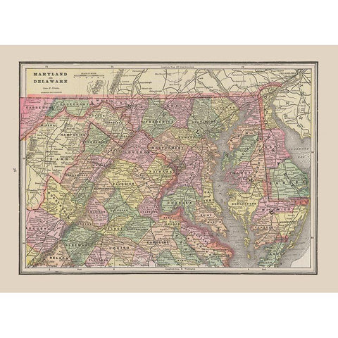 Maryland - Delaware - Cram 1892 Gold Ornate Wood Framed Art Print with Double Matting by Cram