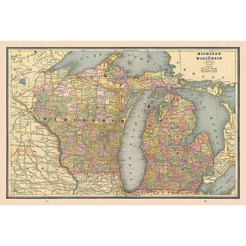 Michigan, Wisconsin - Cram 1888 Black Modern Wood Framed Art Print with Double Matting by Cram