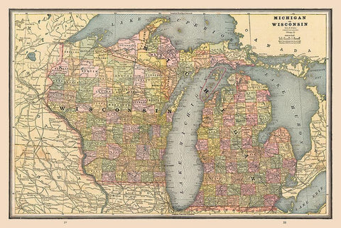 Michigan, Wisconsin - Cram 1888 Black Ornate Wood Framed Art Print with Double Matting by Cram