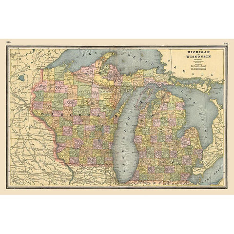 Michigan, Wisconsin - Johnson 1888 White Modern Wood Framed Art Print by Johnson