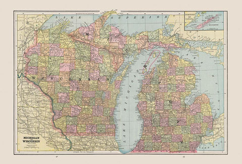 Michigan, Wisconsin - Cram 1892 White Modern Wood Framed Art Print with Double Matting by Cram