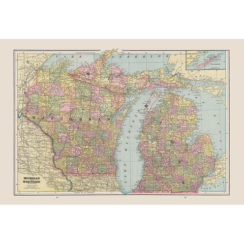 Michigan, Wisconsin - Cram 1892 Gold Ornate Wood Framed Art Print with Double Matting by Cram