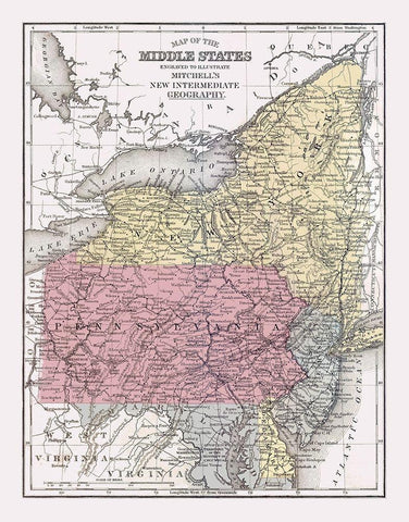 Middle States - Mitchell 1877 White Modern Wood Framed Art Print with Double Matting by Mitchell