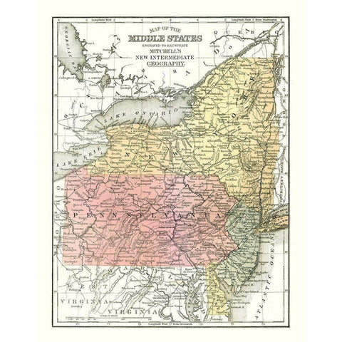 Middle States - Mitchell 1869 White Modern Wood Framed Art Print by Mitchell