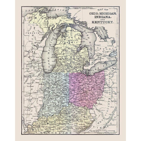 Ohio, Michigan, Indiana, Kentucky - Mitchell 1877 Black Modern Wood Framed Art Print with Double Matting by Mitchell