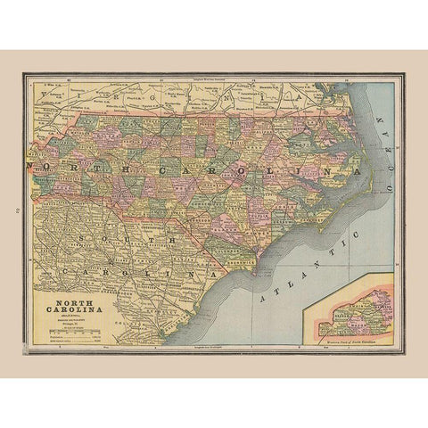 North Carolina, United States - Cram 1888 Gold Ornate Wood Framed Art Print with Double Matting by Cram