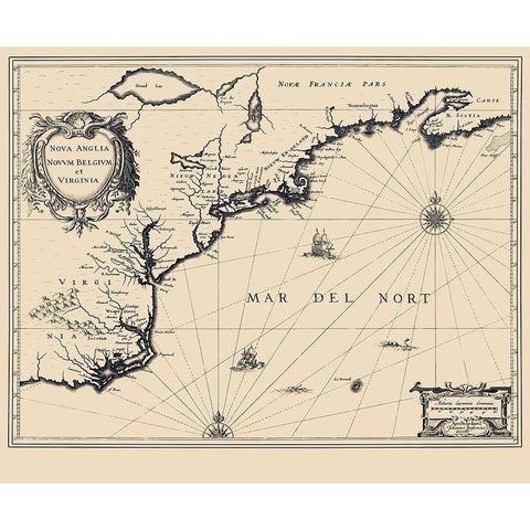 New England to Virginia Dutch Map - Janbonius 1642 Gold Ornate Wood Framed Art Print with Double Matting by Janbonius