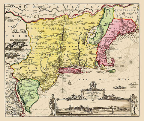 New England, Virginia to Maine State Black Ornate Wood Framed Art Print with Double Matting by Visscher