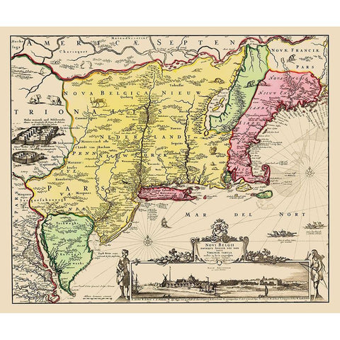 New England, Virginia to Maine State Black Modern Wood Framed Art Print with Double Matting by Visscher