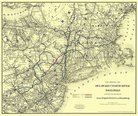 Delaware and North River Railroad - Colton 1890 Black Ornate Wood Framed Art Print with Double Matting by Colton