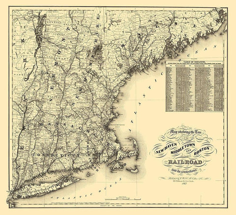 New Haven, Middletown and Boston 1867 White Modern Wood Framed Art Print with Double Matting by Colton