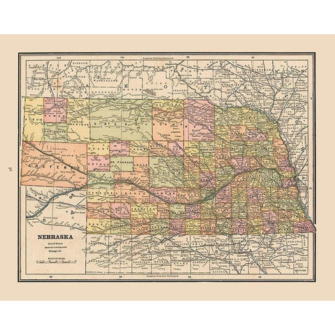 Nebraska - Cram 1888 Black Modern Wood Framed Art Print with Double Matting by Cram