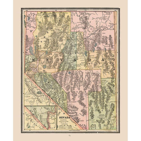 Nevada, United States - Cram 1888 White Modern Wood Framed Art Print by Cram