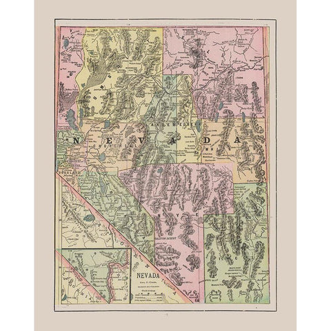 Nevada - Cram 1892 White Modern Wood Framed Art Print by Cram