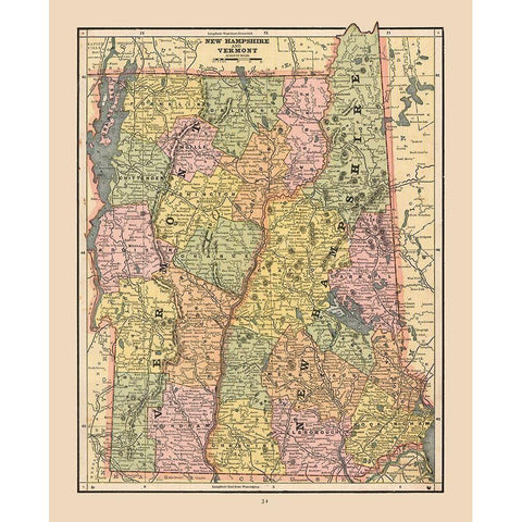 New Hampshire, Vermont - Cram 1888 Gold Ornate Wood Framed Art Print with Double Matting by Cram