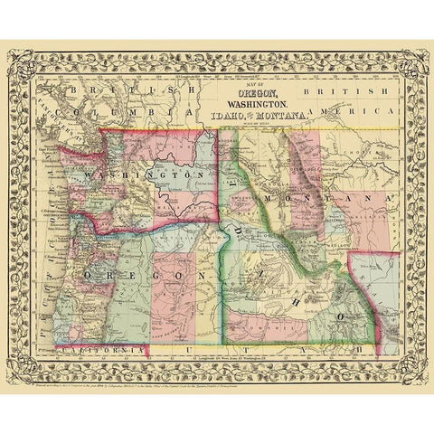 Oregon, Washington, Idaho, Montana - Mitchell 1870 White Modern Wood Framed Art Print by Mitchell