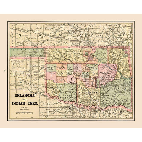 Oklahoma, Indian Territory - Cram 1892 Black Modern Wood Framed Art Print with Double Matting by Cram