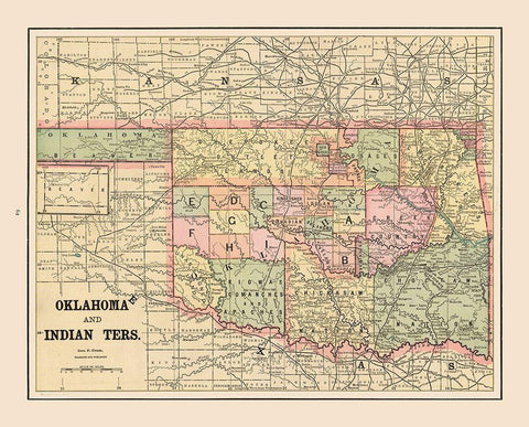 Oklahoma, Indian Territory - Cram 1892 Black Ornate Wood Framed Art Print with Double Matting by Cram