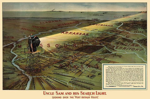 Port Arthur Route, Uncle Sam and Search Light 1896 Black Ornate Wood Framed Art Print with Double Matting by Hornbeck