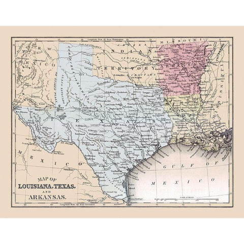 Louisiana, Texas, Arkansas - Mitchell 1877 White Modern Wood Framed Art Print by Mitchell