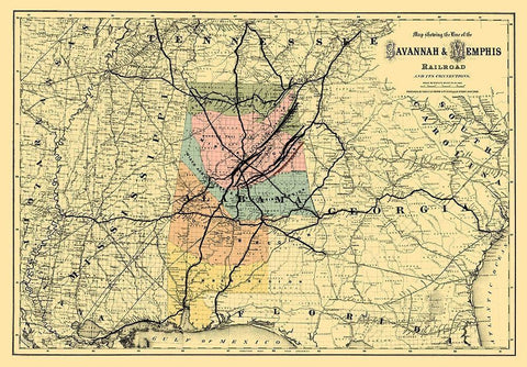 Savannah and Memphis Railroad - Colton 1872 White Modern Wood Framed Art Print with Double Matting by Colton