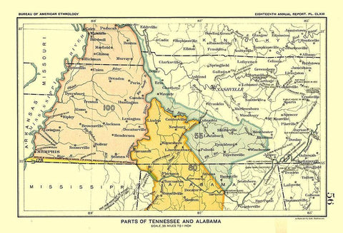 Tennessee - Alabama - Hoen 1896 Black Ornate Wood Framed Art Print with Double Matting by Hoen