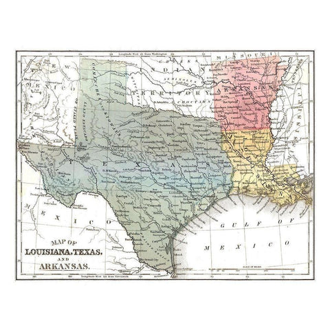 Louisiana, Texas, Arkansas - Mitchell 1869 Gold Ornate Wood Framed Art Print with Double Matting by Mitchell