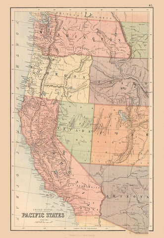 Pacific States of US - Black 1867 Black Ornate Wood Framed Art Print with Double Matting by Black