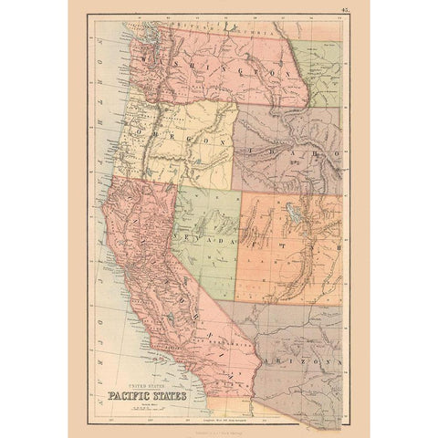 Pacific States of US - Black 1867 Black Modern Wood Framed Art Print with Double Matting by Black