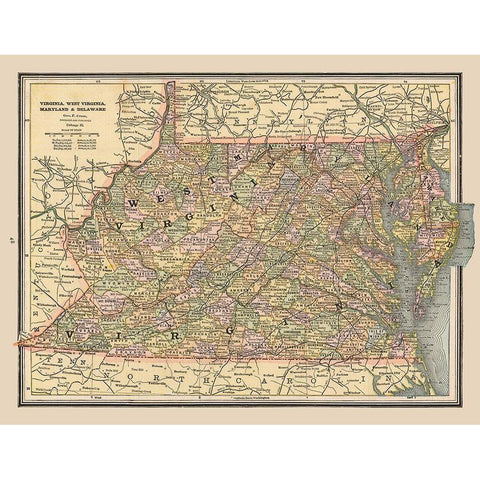 Virginia, West Virginia - Cram 1888 Black Modern Wood Framed Art Print with Double Matting by Cram