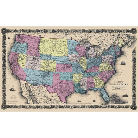 US with Military Stations, Forts - Colton 1861 Black Modern Wood Framed Art Print with Double Matting by Colton