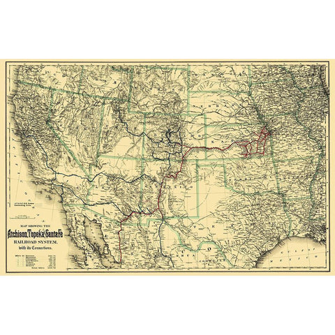 Atchison, Topeka and Santa Fe Railroad System 1883 Gold Ornate Wood Framed Art Print with Double Matting by Colton