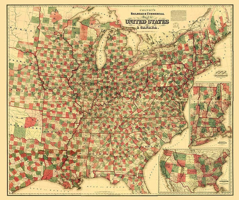 Railroads and Commercial in US, Canada 1871 Black Ornate Wood Framed Art Print with Double Matting by Colton