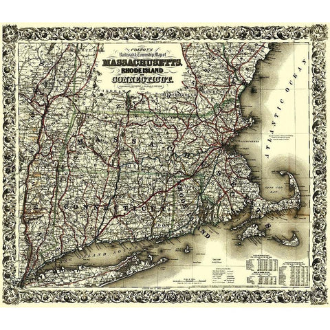 Massachusetts, Rhode Island, Connecticut 1853 Black Modern Wood Framed Art Print with Double Matting by Colton