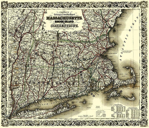 Massachusetts, Rhode Island, Connecticut 1853 White Modern Wood Framed Art Print with Double Matting by Colton