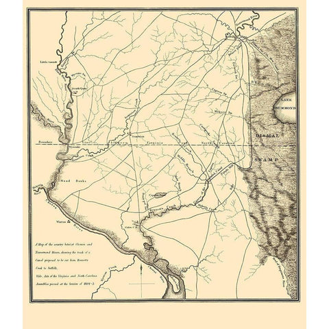 Proposed Canal - Bennetts Creek to Suffolk 1834 Gold Ornate Wood Framed Art Print with Double Matting by Gales