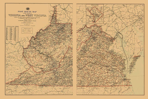 Virginia, West Virginia Postal Routes - USPS 1896 White Modern Wood Framed Art Print with Double Matting by USPS